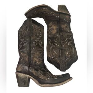 Corral Women's Inlay Western Boot Snip Toe - A3859 Size 7.5 Studded Black Brown